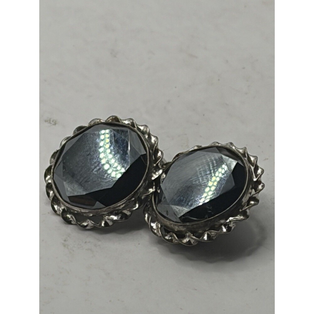 Vintage Sterling Silver  Faceted Round Hematite Clip on Earrings 925